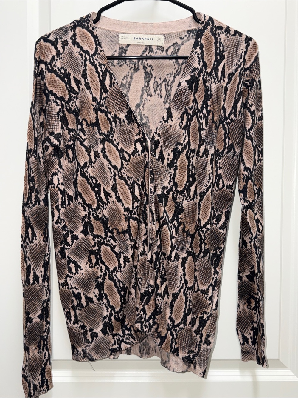 Zara Snake-Print Long Sleeve V-Neck Top in Pink and Tan